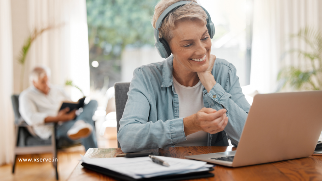 BPO employee working from home attending a virtual meeting.